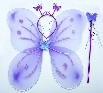 Lila Mor Kelebek Kız Seti – 50 Cm Kelebek Kanadı, Taç Ve Asa