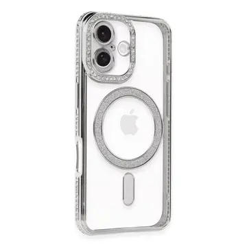 İphone 16 Plus Kılıf Joke Simli Magneticsafe Kılıf - Gümüş