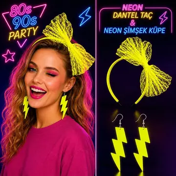 Neon Pembe Dantel Taç Ve Şimşek Küpe 8039ler 9039lar Parti Seti