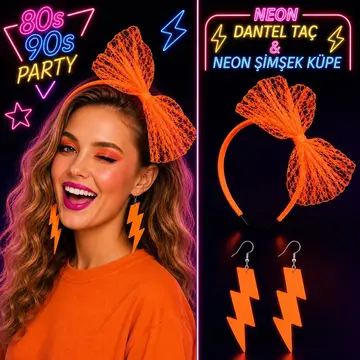 Neon Pembe Dantel Taç Ve Şimşek Küpe 8039ler 9039lar Parti Seti