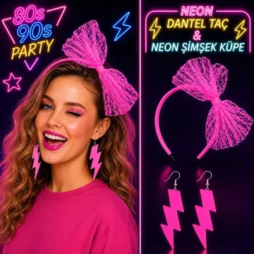Neon Pembe Dantel Taç Ve Şimşek Küpe 8039ler 9039lar Parti Seti