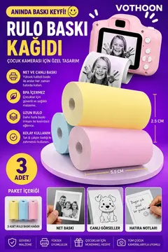 Çocuk Fotoğraf Makinesi Yedek Termal Baskı Kağıdı Renkli (3 Lü Rulo) – 57x25mm