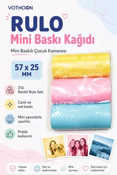 Çocuk Fotoğraf Makinesi Yedek Termal Baskı Kağıdı Renkli (3 Lü Rulo) – 57x25mm