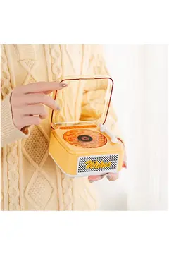 Nostalji Mini Plak Görünümlü Radyolu Bluetooth Hoparlör 3d Ses Dalgası Retro Müzik Plak Sarı