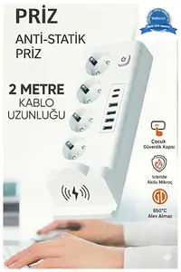 Akım Korumalı Kablosuz Şarjlı Masaüstü Priz | 4 Priz, 4 Usb, 2 Type-c