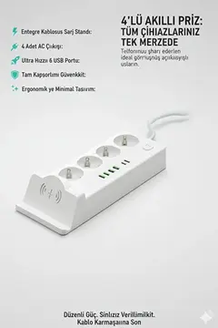 Akım Korumalı Kablosuz Şarjlı Masaüstü Priz | 4 Priz, 4 Usb, 2 Type-c