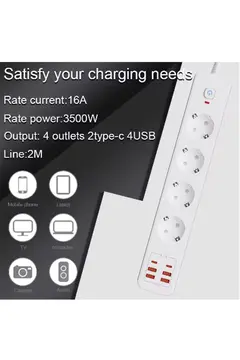 Termal Akım Korumalı 4’lü Priz 4x Usb 2x Type-c Çıkışlı Grup Priz Çoğaltıcı (3500w)