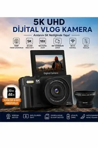 5k 75mp 18x Zoom Flaşlı 3” Flip Ekranlı Türkçe 32gb Kart Dijital Vlog Fotoğraf Makinesi Lens Hediyeli