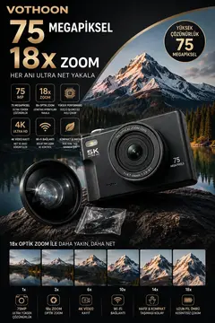 5k 75mp 18x Zoom Flaşlı 3” Flip Ekranlı Türkçe 32gb Kart Dijital Vlog Fotoğraf Makinesi Lens Hediyeli
