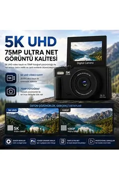 5k 75mp 18x Zoom Flaşlı 3” Flip Ekranlı Türkçe 32gb Kart Dijital Vlog Fotoğraf Makinesi Lens Hediyeli