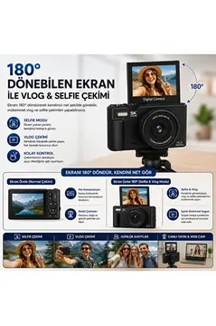 5k 75mp 18x Zoom Flaşlı 3” Flip Ekranlı Türkçe 32gb Kart Dijital Vlog Fotoğraf Makinesi Lens Hediyeli