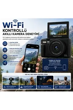 5k 75mp 18x Zoom Flaşlı 3” Flip Ekranlı Türkçe 32gb Kart Dijital Vlog Fotoğraf Makinesi Lens Hediyeli
