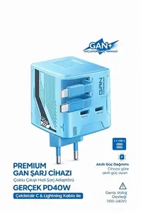 Gan+ Pd 40w Hızlı Şarj Adaptörü Çoklu Çıkış Usb-c Lightning Kablolu Hızlı Şarj Cihazı Ev Ofis Uyumlu Mavi