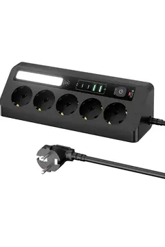 5’li Akım Korumalı Priz 2500w | 2 Usb + 2 Type-c Hızlı Şarj | Led Gece Lambalı | Dokunmatik Siyah