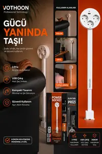 Teleskopik Çoklu Priz, 3’lü Topraklı + Usb-c & Usb-a, Yükseklik Ayarlı, Işıklı Anahtarlı Uzatma Priz