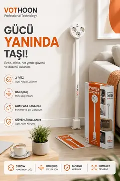 Teleskopik Çoklu Priz, 3’lü Topraklı + Usb-c & Usb-a, Yükseklik Ayarlı, Işıklı Anahtarlı Uzatma Priz