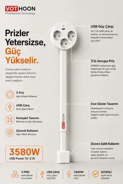 Teleskopik Çoklu Priz, 3’lü Topraklı + Usb-c & Usb-a, Yükseklik Ayarlı, Işıklı Anahtarlı Uzatma Priz