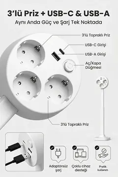 Teleskopik Çoklu Priz, 3’lü Topraklı + Usb-c & Usb-a, Yükseklik Ayarlı, Işıklı Anahtarlı Uzatma Priz