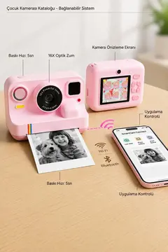 Çocuk Anında Baskılı Fotoğraf Makinesi 16mp Dijital Kamera 1080p Video Wifi Telefon Destekli