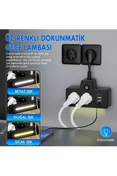 Bkl-502 Akım Korumalı 2li Priz 2 Usb Ve 2 Type-c Çıkış 4000w Hızlı Şarj Duvar Tipi Dokunmatik Led Aydınlatmalı