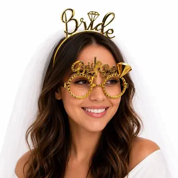 Bride Yazılı Gold Taç Ve Parti Gözlüğü Seti