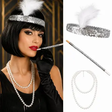 192039ler Gatsby Kırmızı Parti Seti - Çarliston Saç Bandı, İnci Kolye Ve  Tutacağı