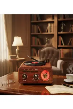 Nostaljik Tasarım Plak Çalar Görünümlü Radyolu Bluetooth Hoparlör Retro Müzik Plak