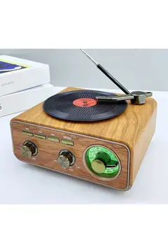 Nostaljik Tasarım Plak Çalar Görünümlü Radyolu Bluetooth Hoparlör Retro Müzik Plak Açık Kahverengi