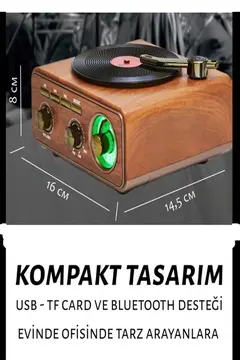 Nostaljik Tasarım Plak Çalar Görünümlü Radyolu Bluetooth Hoparlör Retro Müzik Plak Açık Kahverengi