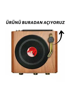 Nostaljik Tasarım Plak Çalar Görünümlü Radyolu Bluetooth Hoparlör Retro Müzik Plak Açık Kahverengi