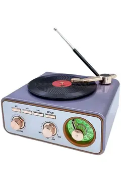 Metalik Nostaljik Tasarım Plak Çalar Görünümlü Radyolu Bluetooth Hoparlör Retro Müzik Plak