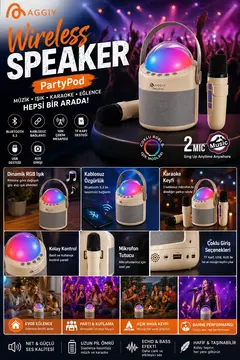 Partypod Bluetooth 5.3 Destekli Çok Fonksiyonlu Kablosuz Mikrofon Ve Hoparlör