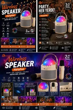 Partypod Bluetooth 5.3 Destekli Çok Fonksiyonlu Kablosuz Mikrofon Ve Hoparlör