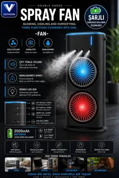 Çift Başlıklı Sprey Fan Nemlendirici Ve Renkli Led Işıklı Beyaz
