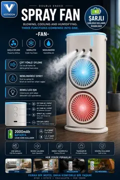 Çift Başlıklı Sprey Fan Nemlendirici Ve Renkli Led Işıklı Beyaz