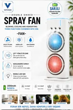 Çift Başlıklı Sprey Fan Nemlendirici Ve Renkli Led Işıklı Beyaz