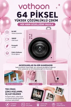 Mini Dijital Kamera 64mp 16x Digital Zoom Retro Vintage 1.4’’ekranlı Video Kamera Taşınabilir Tasarım Pembe