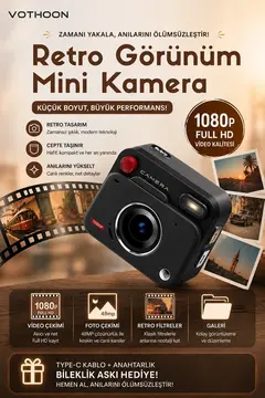 Nostaljik Tasarımı Retro Görünüm Kare Mini Foto Video Kamera 1080p Full Hd 32gb Kart Hediyeli