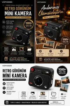 Nostaljik Tasarımı Retro Görünüm Kare Mini Foto Video Kamera 1080p Full Hd 32gb Kart Hediyeli