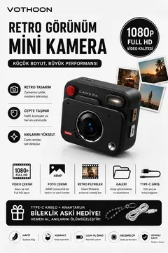 Nostaljik Tasarımı Retro Görünüm Kare Mini Foto Video Kamera 1080p Full Hd 32gb Kart Hediyeli