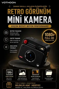 Nostaljik Tasarımı Retro Görünüm Kare Mini Foto Video Kamera 1080p Full Hd 32gb Kart Hediyeli
