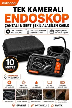 Ekranlı Tek Kameralı 10 Mt Sert Kablo Yılan Endoskop Kamera 8 Mm 4.3 Inc