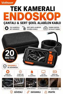Ekranlı Tek Kameralı 20 Mt Sert Kablo Yılan Endoskop Kamera 8 Mm 4.3 Inc