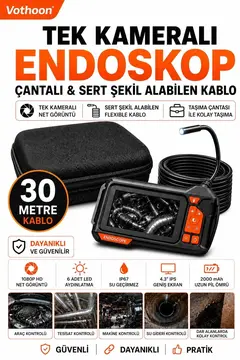 Ekranlı Tek Kameralı 30 Mt Sert Kablo Yılan Endoskop Kamera 8 Mm 4.3 Inc