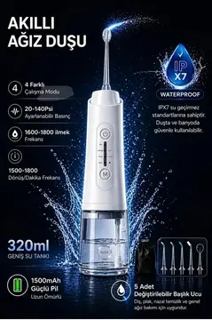 Şarjlı Ağız Duşu Diş Bakım Cihazı 4 Modlu Diş Arası Temizleyici 320ml 5 Başlıklı 1500 Mah Kablosuz