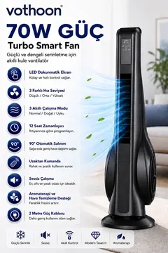 Turbo Smart Akıllı Fan Led Ekranlı Kumandalı 90° Hareketli Serinletici Soğutucu Kule Tipi Vantilatör