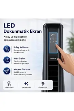 Turbo Smart Akıllı Fan Led Ekranlı Kumandalı 90° Hareketli Serinletici Soğutucu Kule Tipi Vantilatör