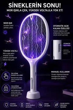 Şarjlı Sinek Öldürücü Sivrisinek Raketi Elektrikli Karasinek Haşere Kovucu Mor Işıklı Sineklik Aleti