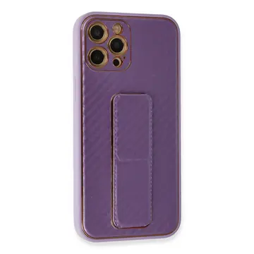 İphone 12 Pro Kılıf Coco Karbon Standlı Kapak - Mor