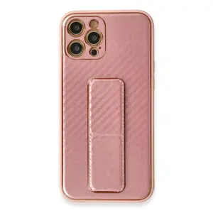 İphone 12 Pro Kılıf Coco Karbon Standlı Kapak - Pembe